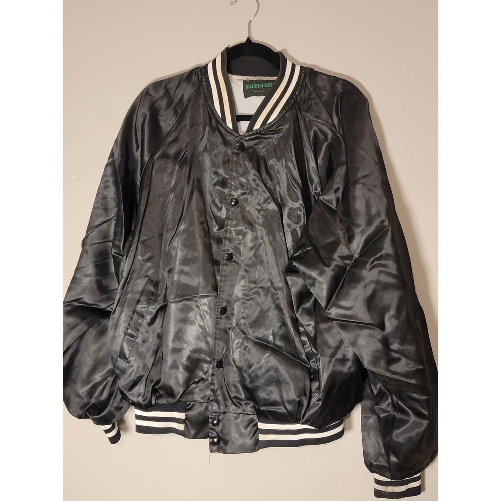 Vintage Satin Jacket Men XL Black USA Made 90s Blank Plain USA nylon Snap Button